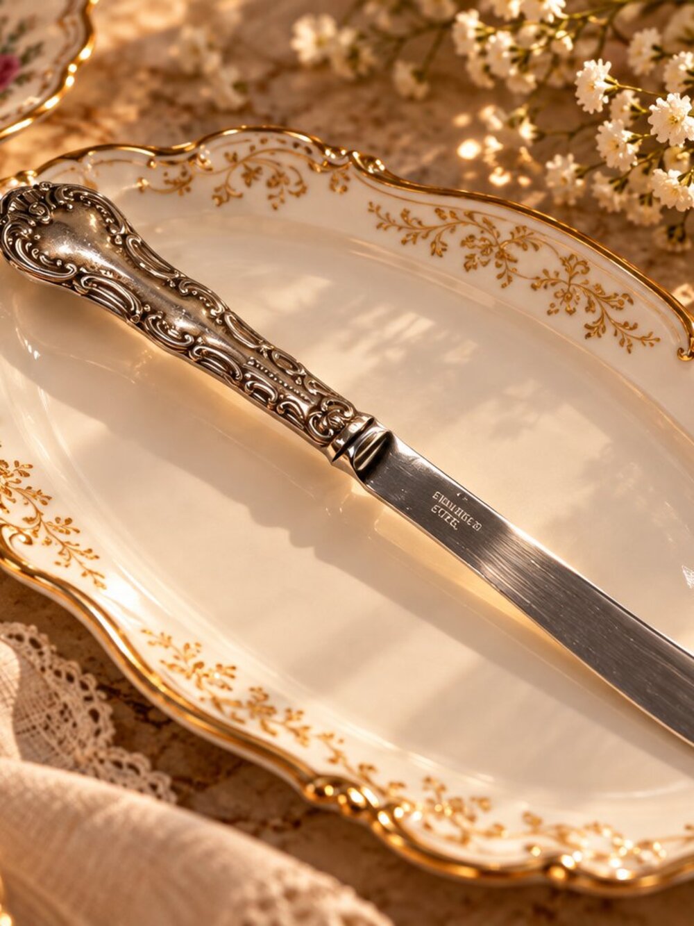 Vintage Ornate Silver-Plated Butter Knife – Embossed Floral Handle – Birks Stain